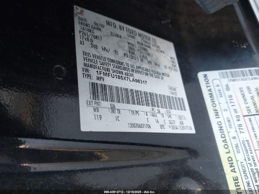 2007 Ford Expedition Eddie Bauer VIN: 1FMFU185X7LA98317 Lot: 43913712