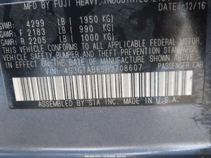 2017 Subaru Impreza 2.0I Premium VIN: 4S3GTAB65H3708607 Lot: 43913715