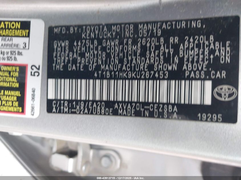 2019 Toyota Camry Se VIN: 4T1B11HK9KU267453 Lot: 43913719