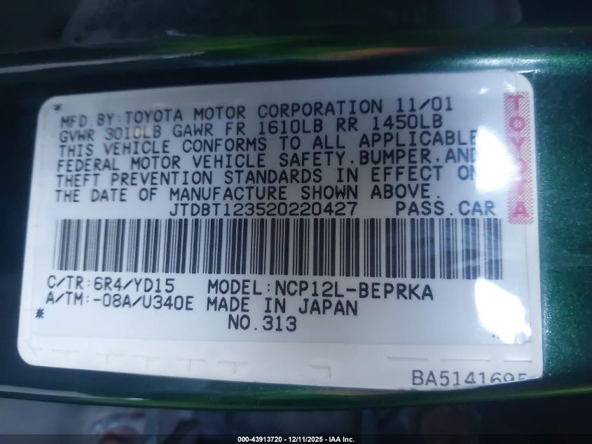 2002 Toyota Echo VIN: JTDBT123520220427 Lot: 43913720