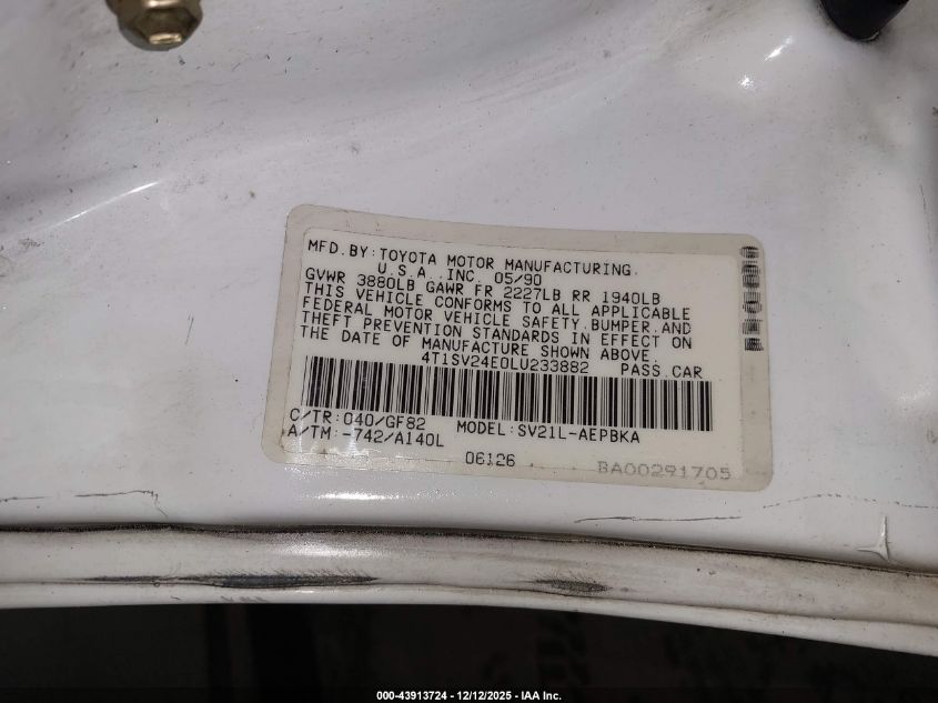 1990 Toyota Camry VIN: 4T1SV24E0LU233882 Lot: 43913724