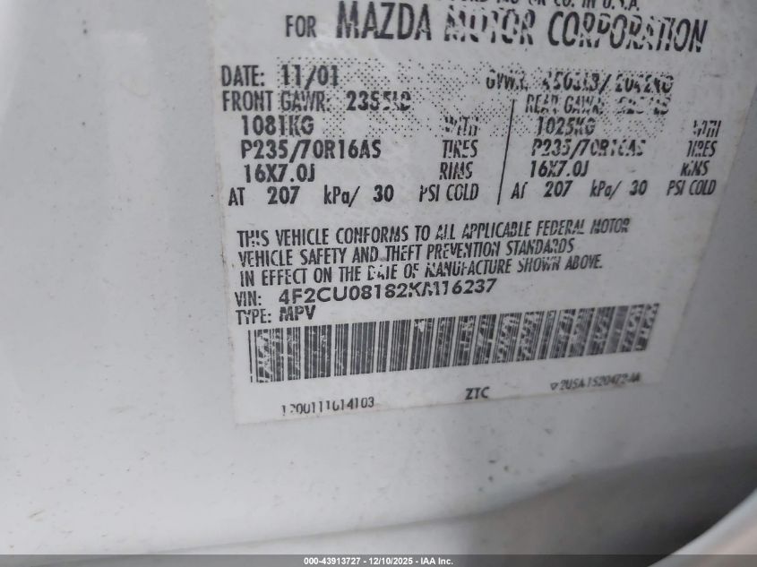 2002 Mazda Tribute Es V6/Lx V6 VIN: 4F2CU08182KM16237 Lot: 43913727