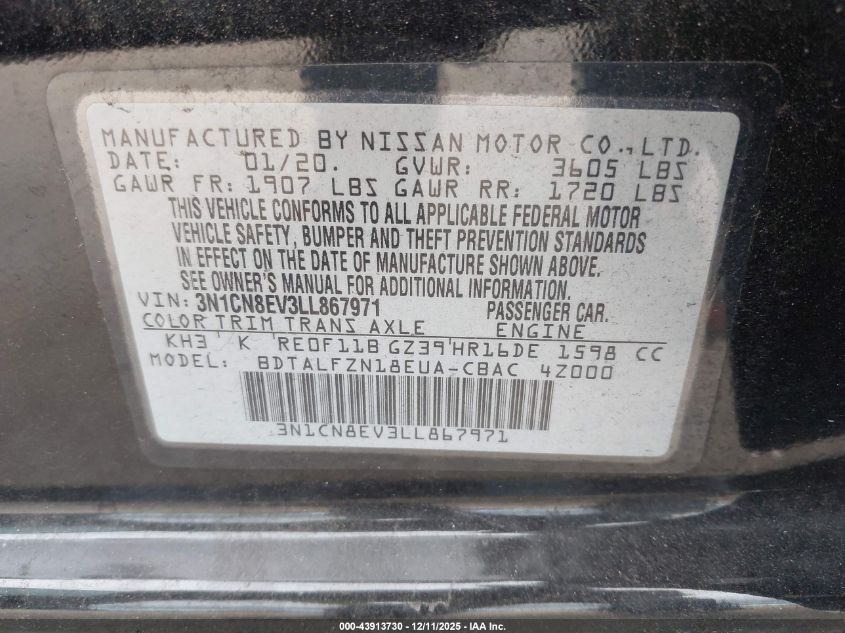 2020 Nissan Versa Sv Xtronic Cvt VIN: 3N1CN8EV3LL867971 Lot: 43913730