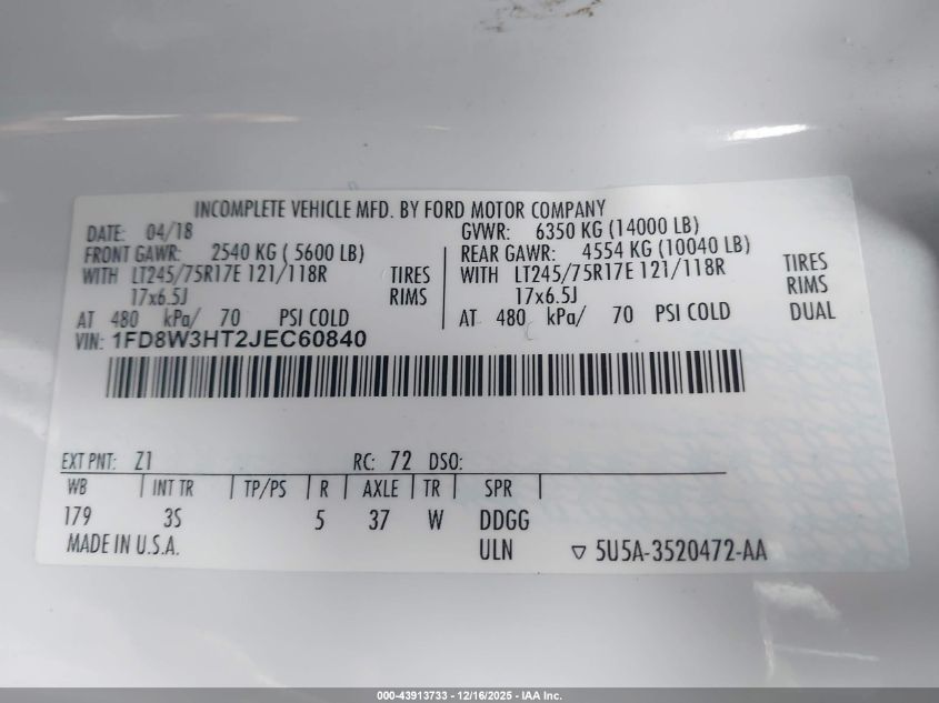 2018 Ford F-350 Chassis Xlt VIN: 1FD8W3HT2JEC60840 Lot: 43913733