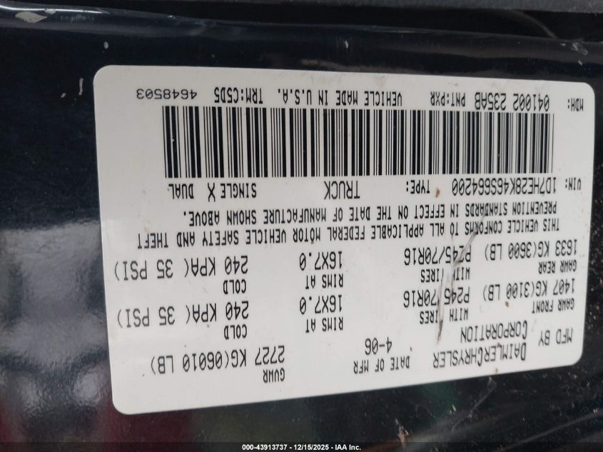 2006 Dodge Dakota St VIN: 1D7HE28K46S664200 Lot: 43913737