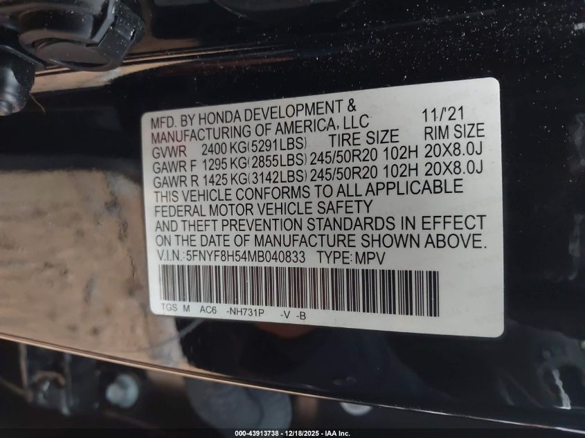 2021 Honda Passport Awd Ex-L VIN: 5FNYF8H54MB040833 Lot: 43913738