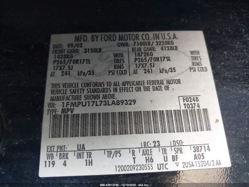 2003 Ford Expedition Eddie Bauer VIN: 1FMPU17L73LA89329 Lot: 43913740