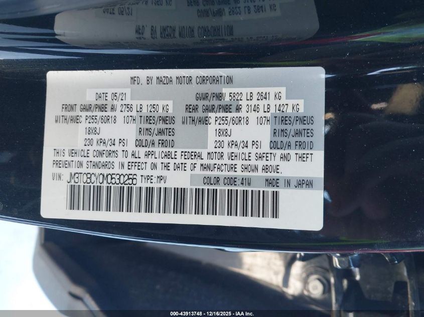 2021 Mazda Cx-9 Touring VIN: JM3TCBCY0M0530256 Lot: 43913748