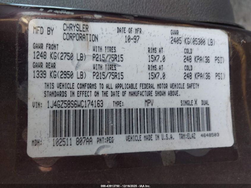 1998 Jeep Grand Cherokee Laredo VIN: 1J4GZ58S6WC174163 Lot: 43913750