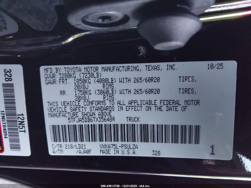 2026 Toyota Tundra Limited Crewmax 5.5' Bed VIN: 5TFJA5DB6TX356488 Lot: 43913756