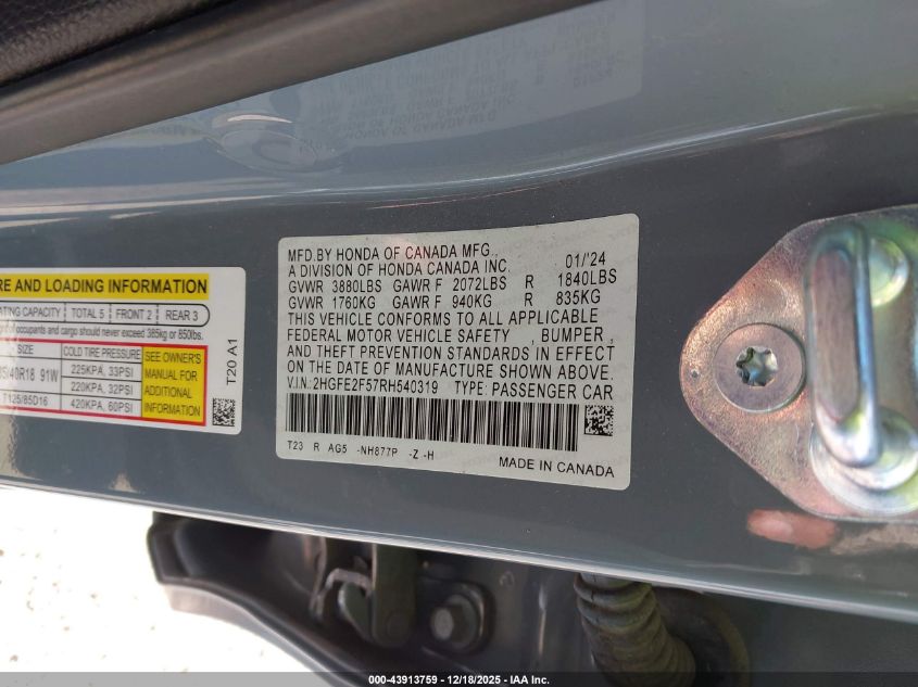 2024 Honda Civic Sport VIN: 2HGFE2F57RH540319 Lot: 43913759