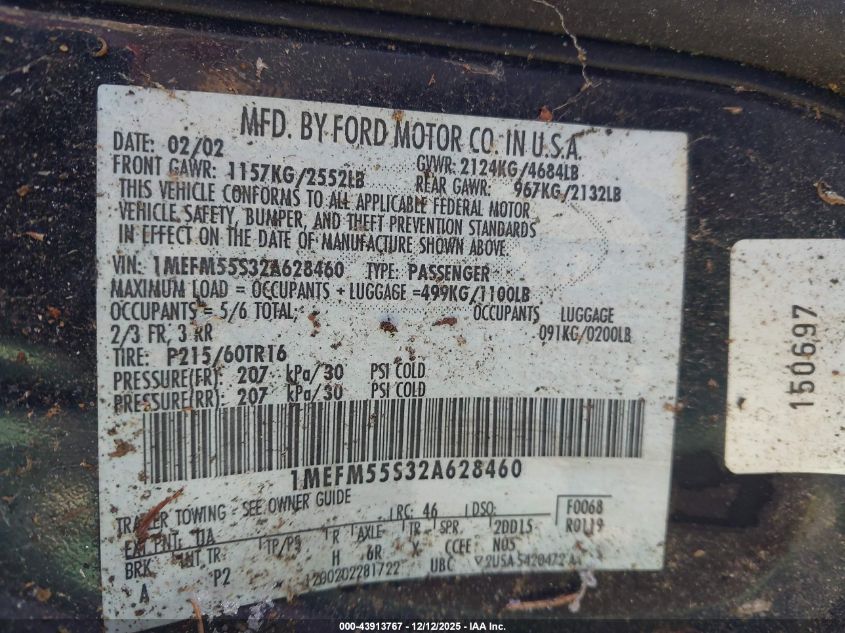 2002 Mercury Sable Ls Premium VIN: 1MEFM55S32A628460 Lot: 43913767