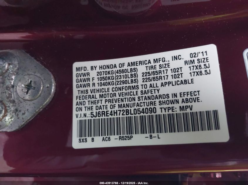 2011 Honda Cr-V Ex-L VIN: 5J6RE4H72BL054090 Lot: 43913766