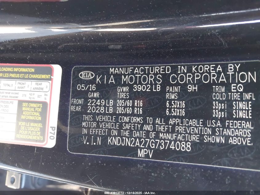 2016 Kia Soul VIN: KNDJN2A27G7374088 Lot: 43913772