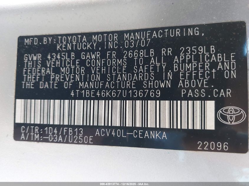 2007 Toyota Camry Le VIN: 4T1BE46K67U136769 Lot: 43913774