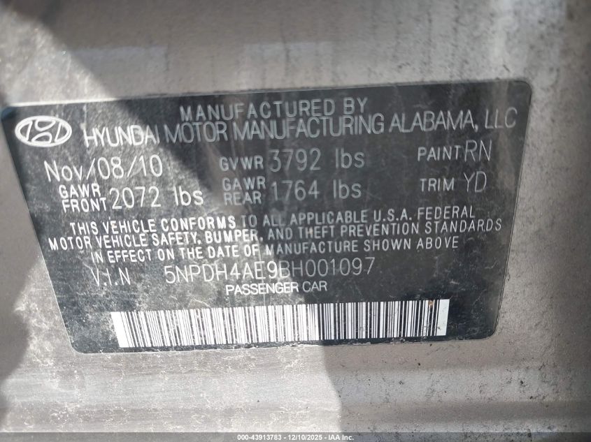 2011 Hyundai Elantra Limited VIN: 5NPDH4AE9BH001097 Lot: 43913783