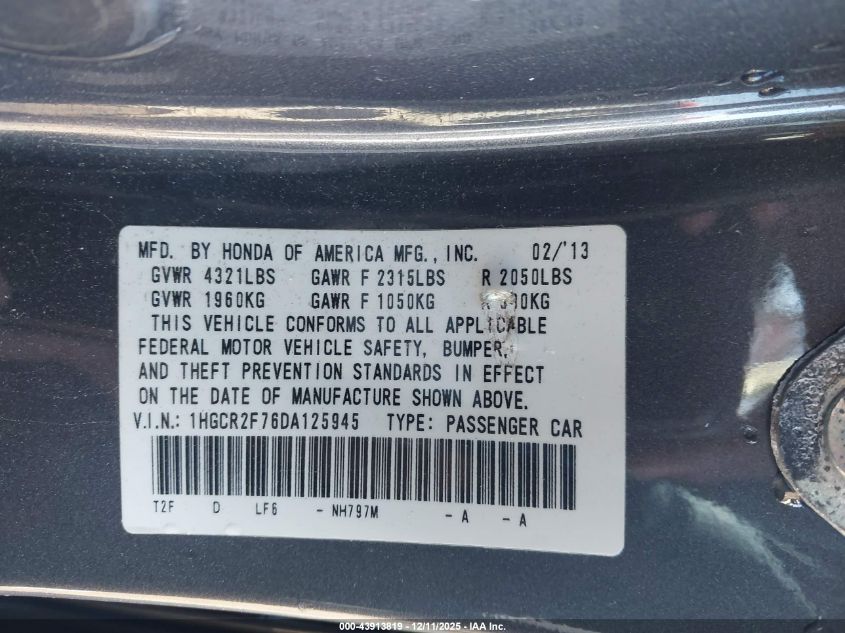 2013 Honda Accord Ex VIN: 1HGCR2F76DA125945 Lot: 43913819