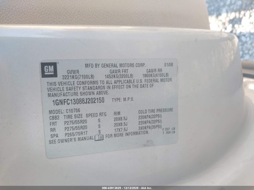 2008 Chevrolet Tahoe Lt VIN: 1GNFC13088J202150 Lot: 43913829