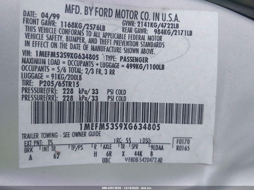 1999 Mercury Sable Ls VIN: 1MEFM53S9XG634805 Lot: 43913838