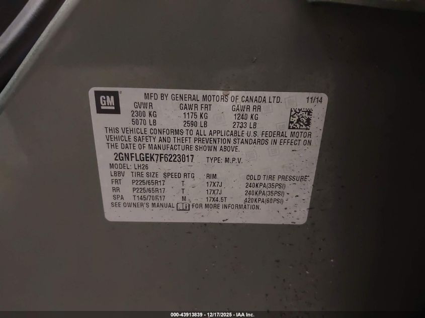 2015 Chevrolet Equinox 2Lt VIN: 2GNFLGEK7F6223017 Lot: 43913839