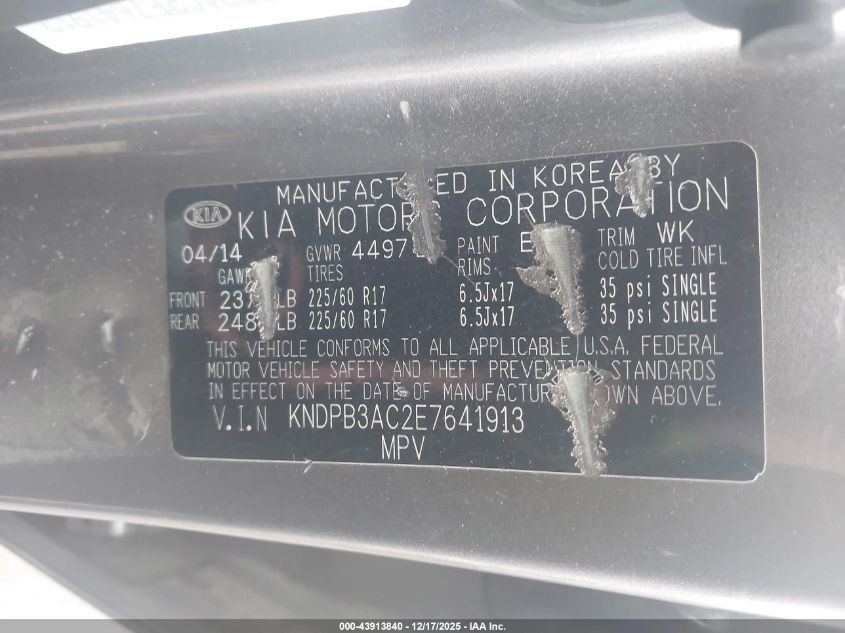 2014 Kia Sportage Lx VIN: KNDPB3AC2E7641913 Lot: 43913840