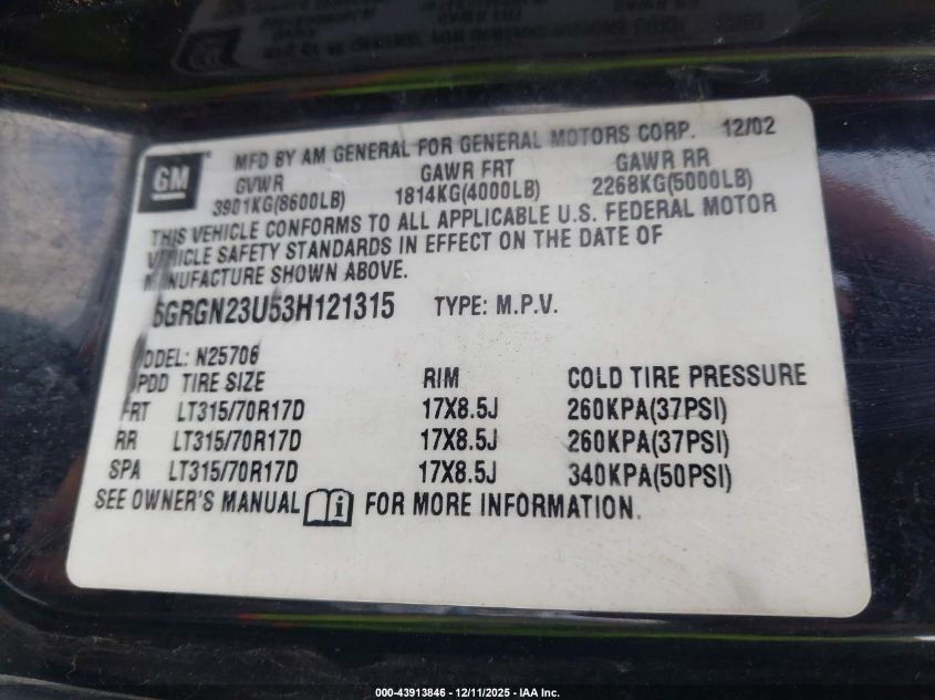 2003 Hummer H2 VIN: 5GRGN23U53H121315 Lot: 43913846