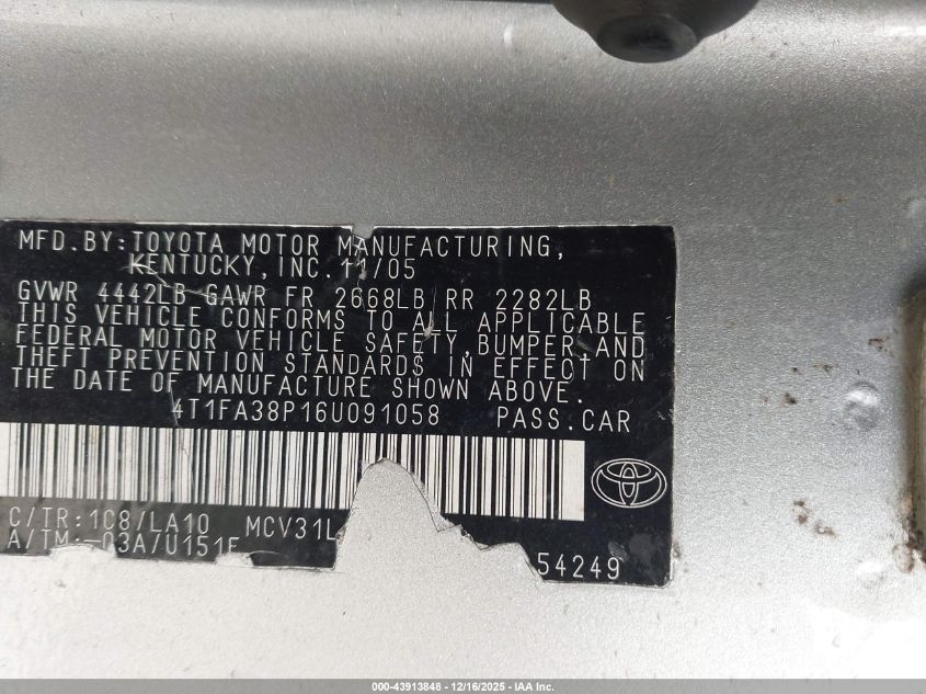 2006 Toyota Camry Solara Sle VIN: 4T1FA38P16U091058 Lot: 43913848