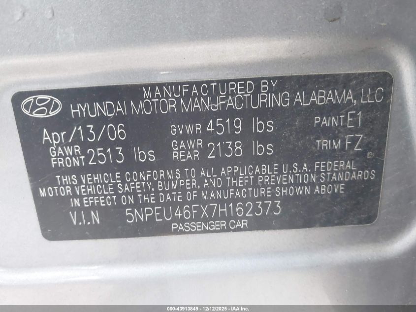2007 Hyundai Sonata Limited/Se V6 VIN: 5NPEU46FX7H162373 Lot: 43913849