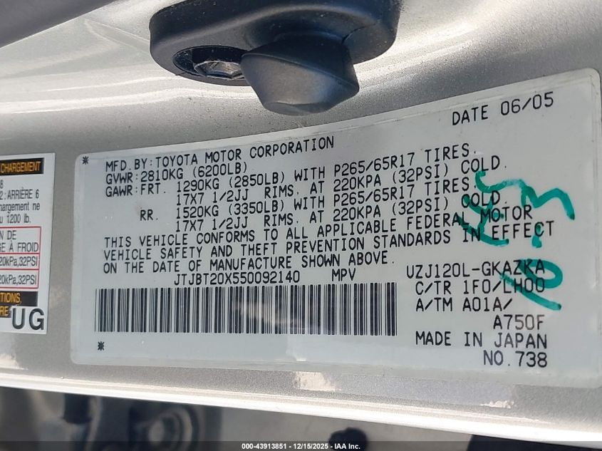 2005 Lexus Gx 470 VIN: JTJBT20X550092140 Lot: 43913851