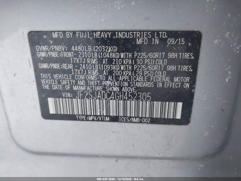 2016 Subaru Forester 2.5I Premium VIN: JF2SJADC4GH452305 Lot: 43913856