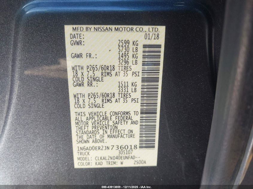 2018 Nissan Frontier Sv VIN: 1N6AD0ER2JN736018 Lot: 43913859