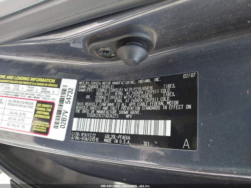 2007 Toyota Sienna Le VIN: 5TDZK23C27S034273 Lot: 43913864