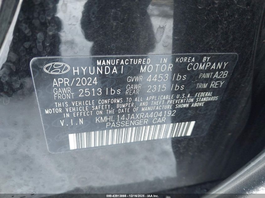 2024 Hyundai Sonata Sel VIN: KMHL14JAXRA404192 Lot: 43913866