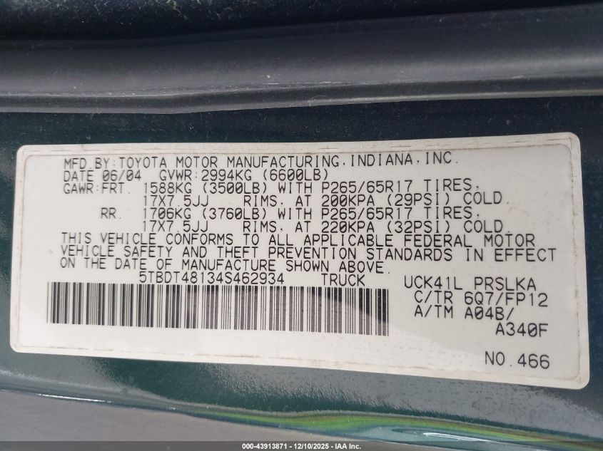 2004 Toyota Tundra Limited V8 VIN: 5TBDT48134S462934 Lot: 43913871