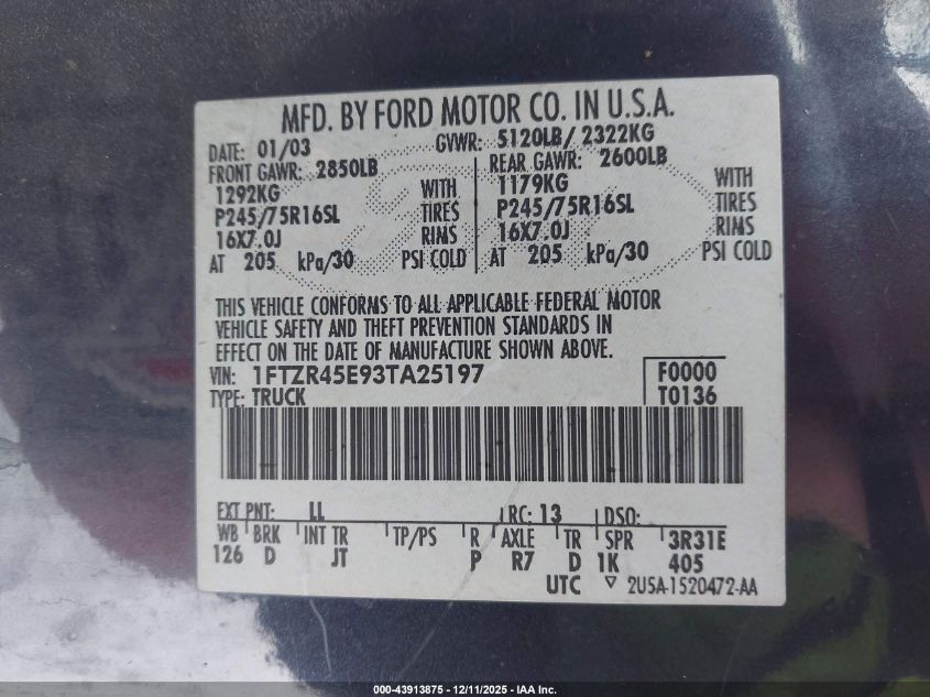 2003 Ford Ranger Edge/Xlt VIN: 1FTZR45E93TA25197 Lot: 43913875