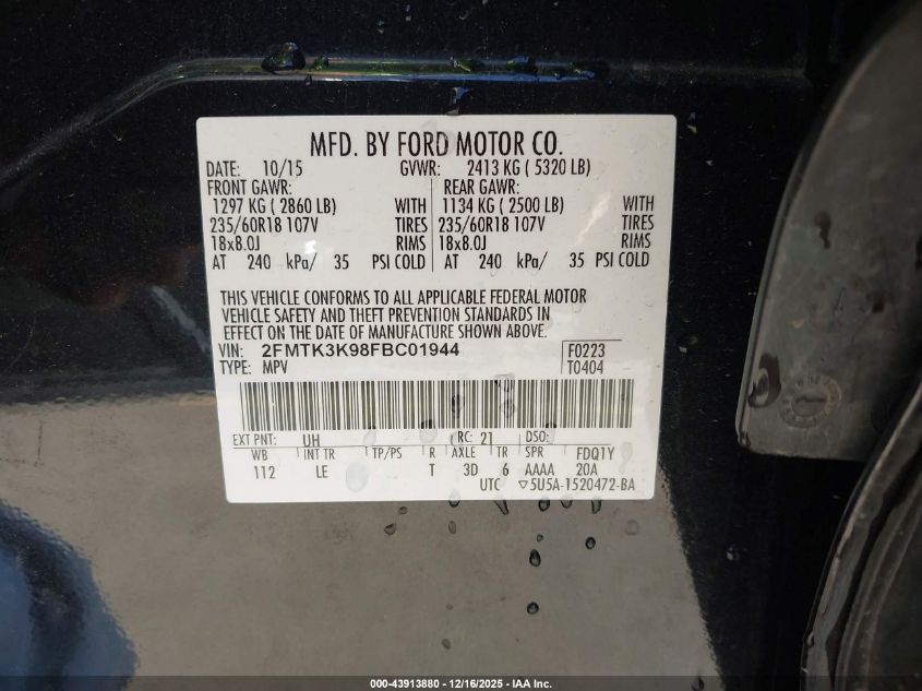 2015 Ford Edge Titanium VIN: 2FMTK3K98FBC01944 Lot: 43913880