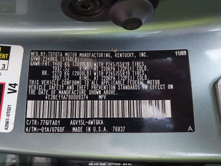 2009 Toyota Venza VIN: 4T3BE11A79U009374 Lot: 43913889