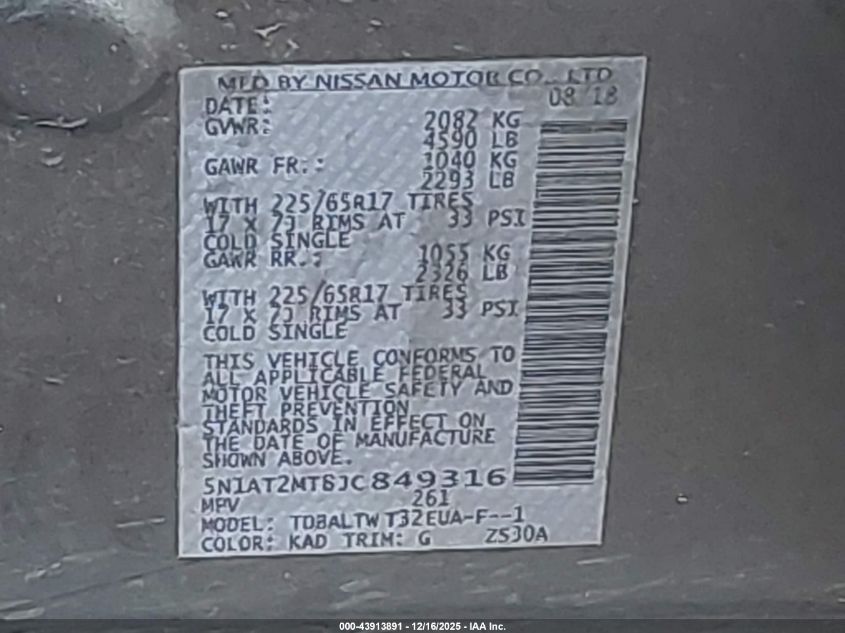 2018 Nissan Rogue Sv VIN: 5N1AT2MT8JC849316 Lot: 43913891