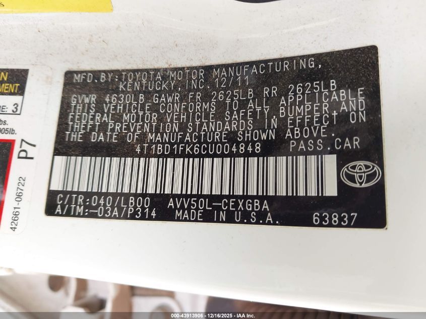 2012 Toyota Camry Hybrid Xle VIN: 4T1BD1FK6CU004848 Lot: 43913906