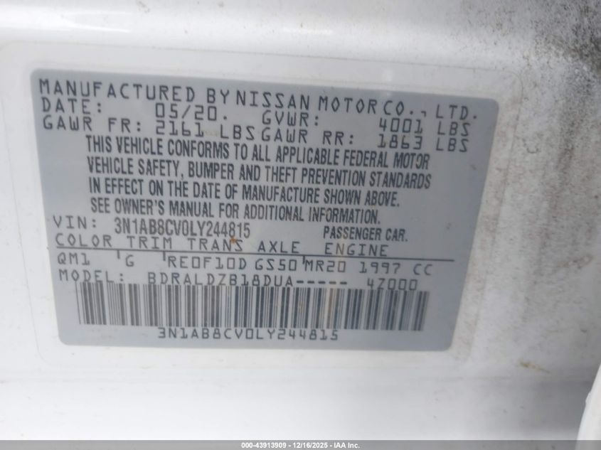 2020 Nissan Sentra Sv Xtronic Cvt VIN: 3N1AB8CV0LY244815 Lot: 43913909