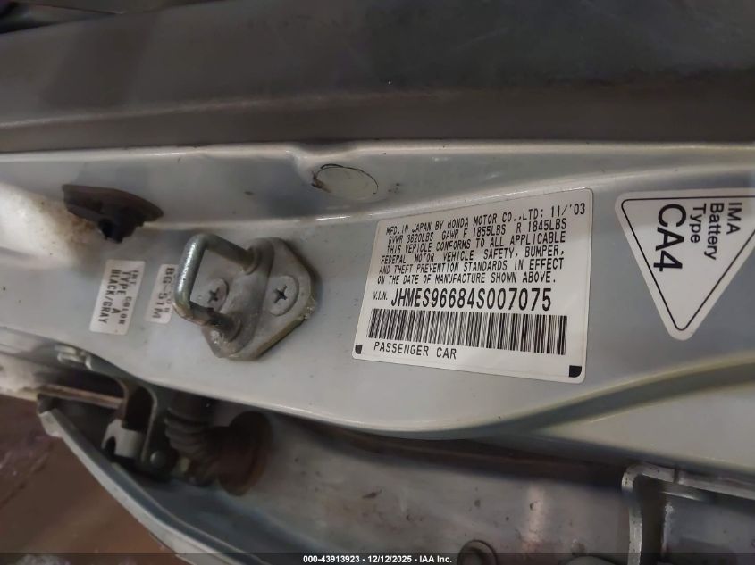 2004 Honda Civic Hybrid VIN: JHMES96684S007075 Lot: 43913923