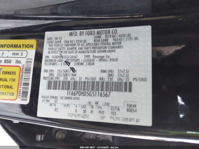 2016 Ford Fusion Se VIN: 1FA6P0HD5G5116567 Lot: 43913927