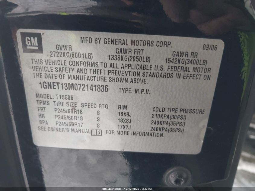 2007 Chevrolet Trailblazer Lt VIN: 1GNET13M072141836 Lot: 43913938