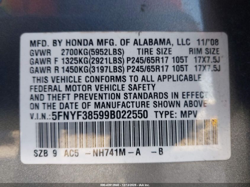 2009 Honda Pilot Ex-L VIN: 5FNYF38599B022550 Lot: 43913940