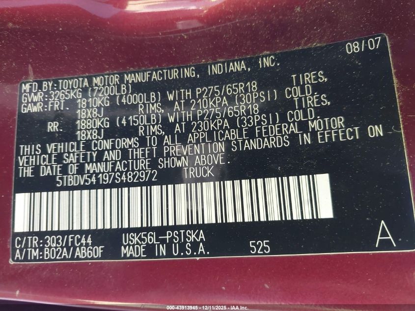 2007 Toyota Tundra Sr5 5.7L V8 VIN: 5TBDV54197S482972 Lot: 43913945