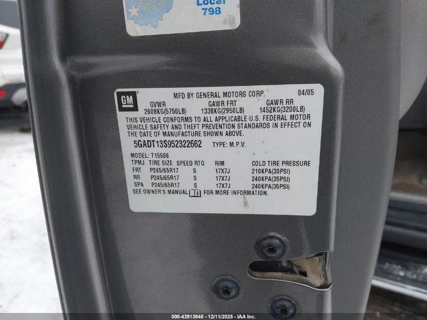 2005 Buick Rainier Cxl VIN: 5GADT13S952322662 Lot: 43913948