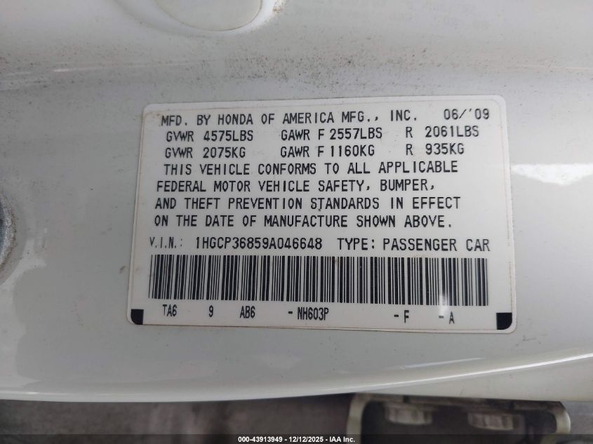 2009 Honda Accord 3.5 Ex-L VIN: 1HGCP36859A046648 Lot: 43913949