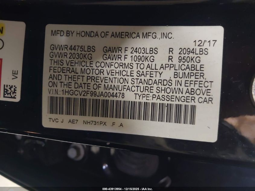 2018 Honda Accord Touring 2.0T VIN: 1HGCV2F99JA004478 Lot: 43913954