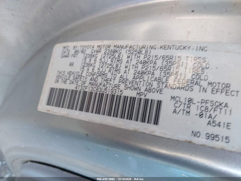 2003 Toyota Sienna Le VIN: 4T3ZF13C83U519315 Lot: 43913960