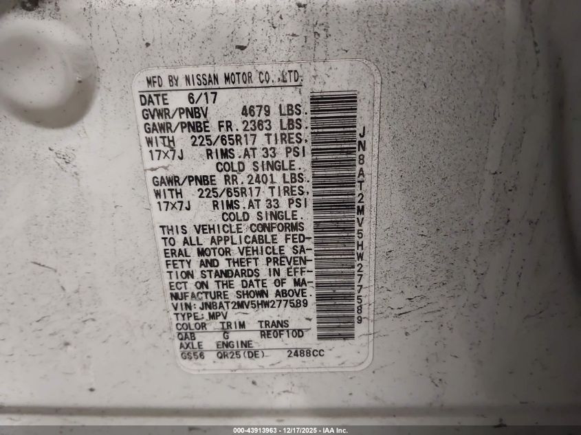 2017 Nissan Rogue Sv VIN: JN8AT2MV5HW277589 Lot: 43913963